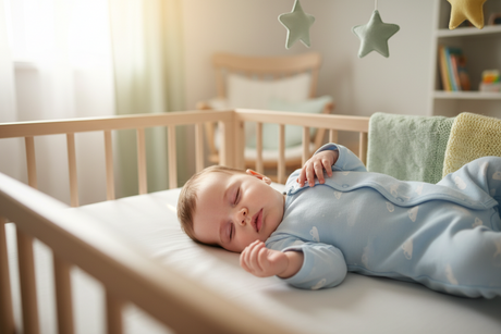 Baby sleeping peacefully in their own cot with a Bullabaloo satin edge muslin comforter