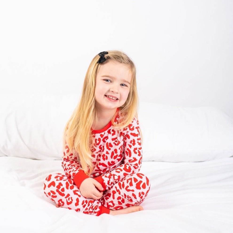 SAMPLE SALE - Children's Pyjamas Long Sleeve - Red & Pink Leopard Print - Bullabaloo